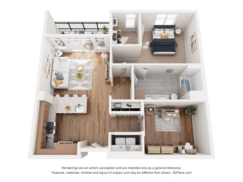 Floor plan for 1 bed, 1 bath, 983 sqft